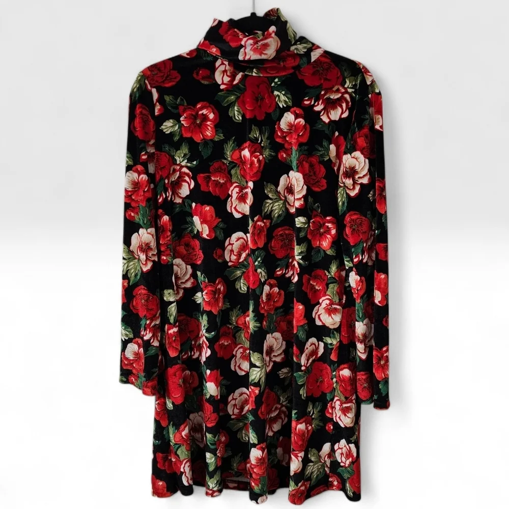 Dark Floral Velvet Mini Black w/ Multicolor Floral Design Dress Sz 14 Turtleneck